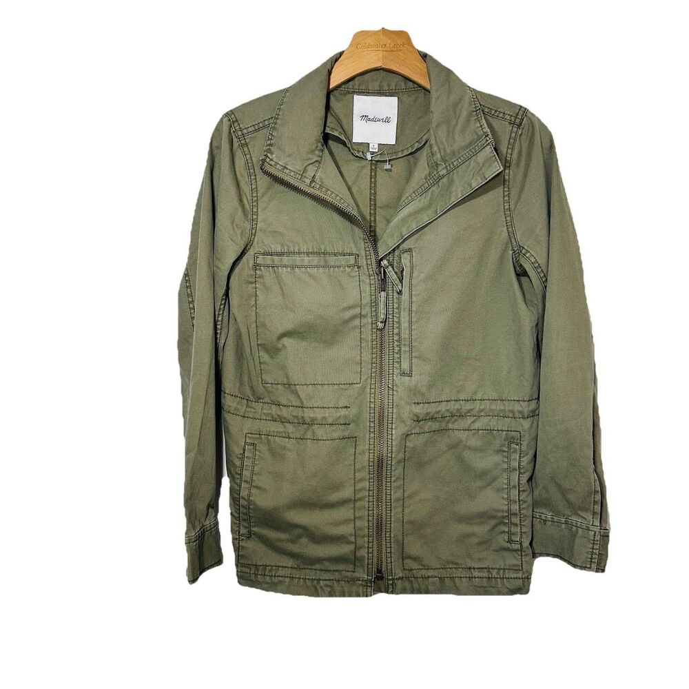 Madewell Olive Green Utility Jacket Zip Front Pockets Women's SZ S Cotton Long